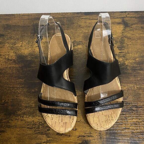 Tamaris Wedge Sandals‎ Womens Sz 7.5 Black Leather Cork Slingback Strappy - Picture 1 of 9